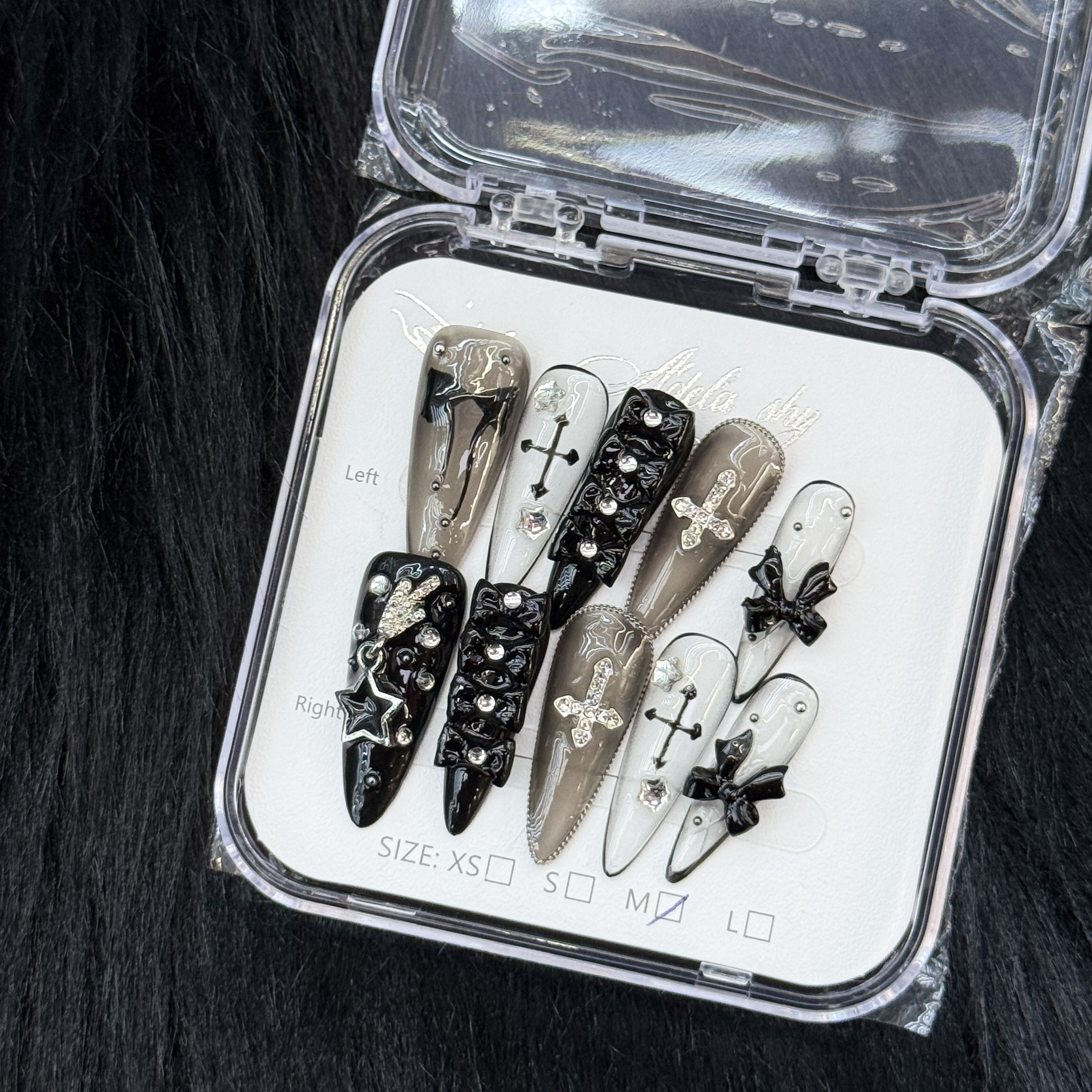 False Nails 10pcs Long Coffin Black White Grey Cross Bow Skull Rhinestone Detachable Full Cover Press On DIY Handmade press on nails