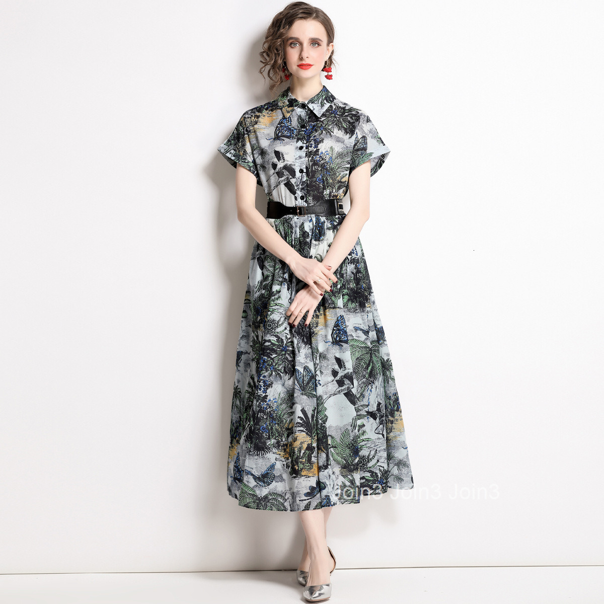 1875 Summer New Womens Fashion Turn-down Collar Short Sleeve Waist-cinching Printed Long Dress with Belt