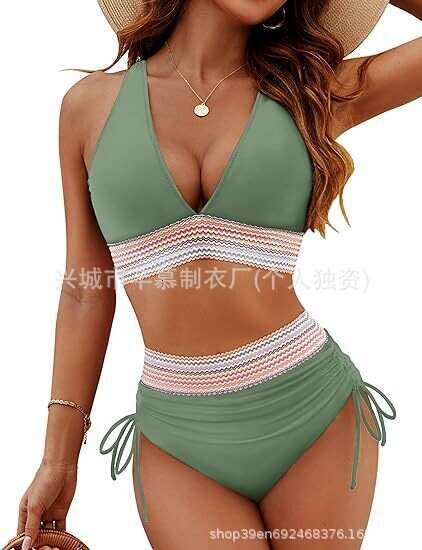 New Women's Swimsuit Two-Piece Sexy Bikini High Waist Tummy Control Halter Neck Tight-Fitting