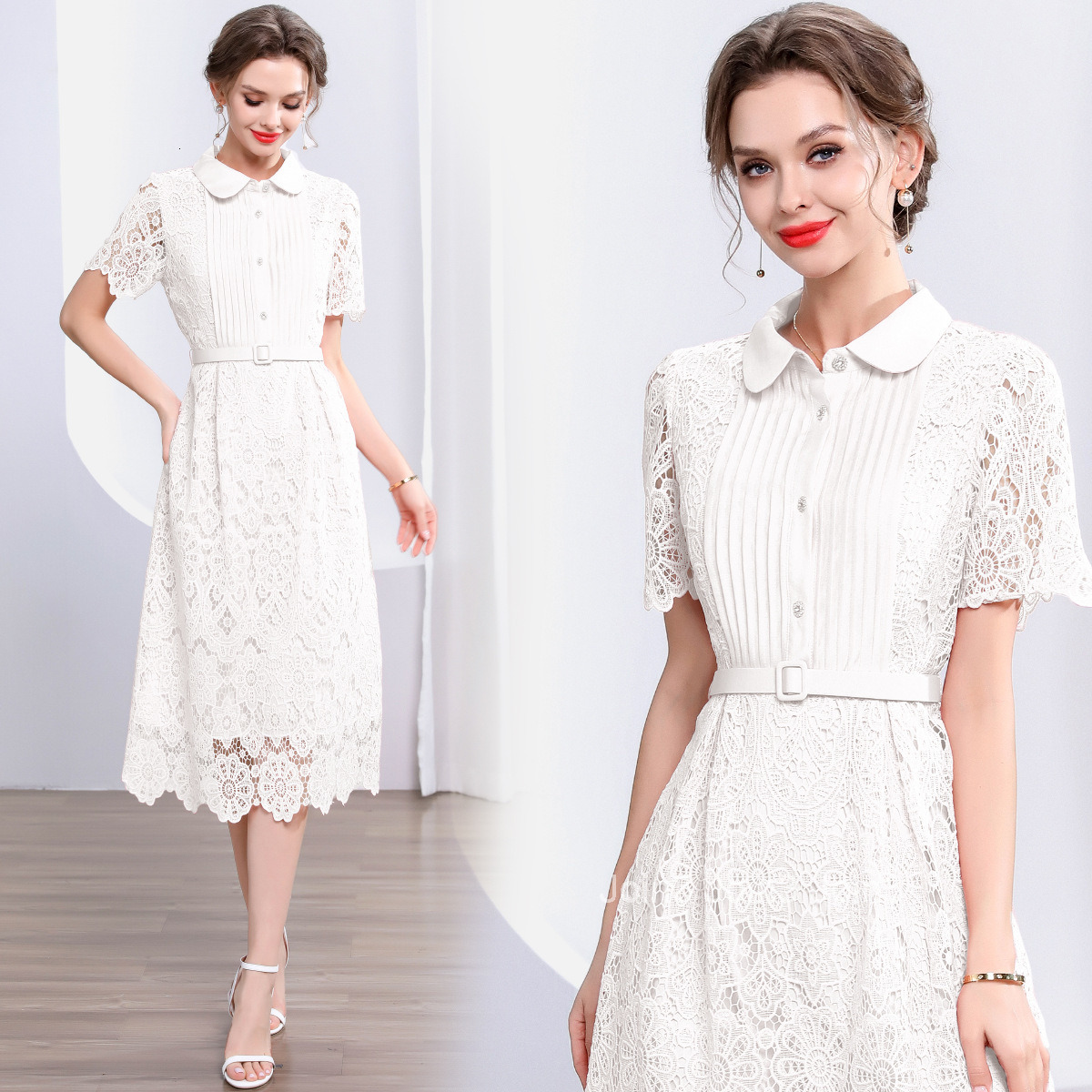 5868 Summer New Womens Long Dress Elegant Slim Waist Hollow Lace Dress