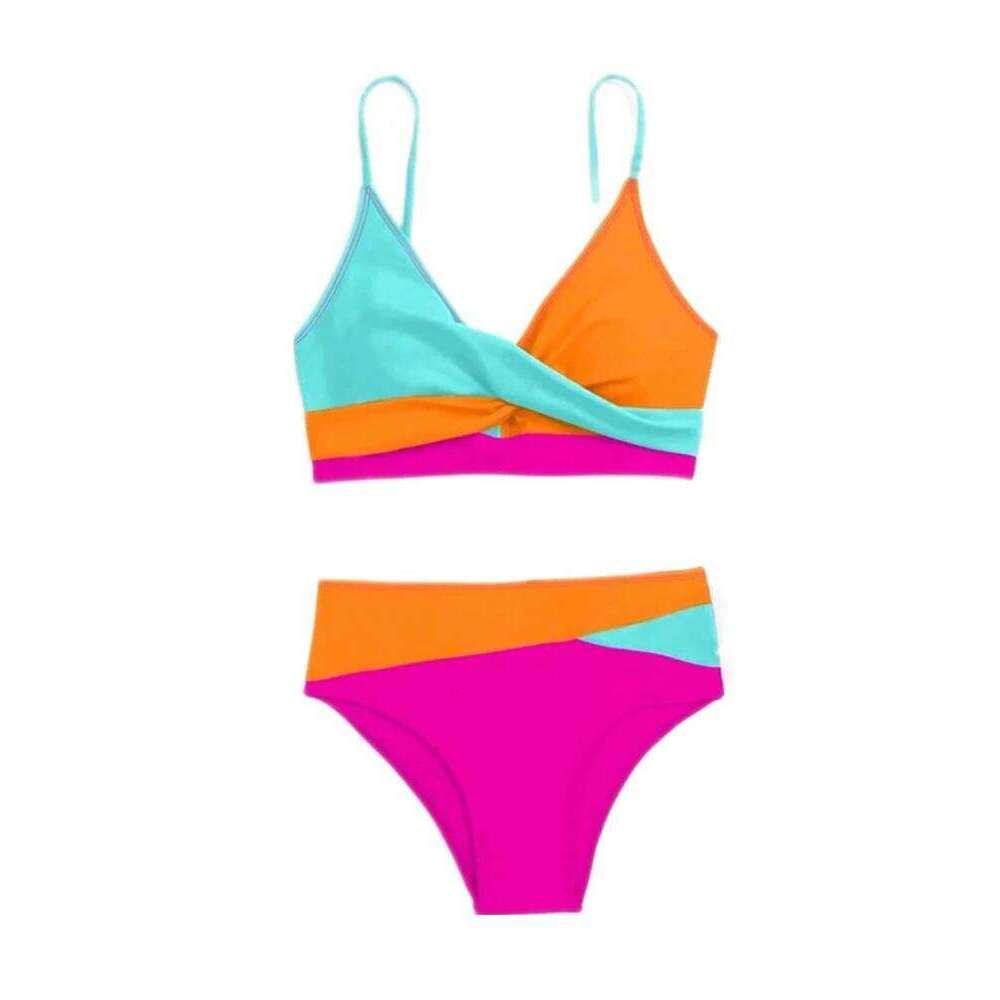 Circyy Women Contrast Color Split Swimsuit Halter Cross Biquinis High Waisted Two-pieces Bathing Suit Summer 2025 New