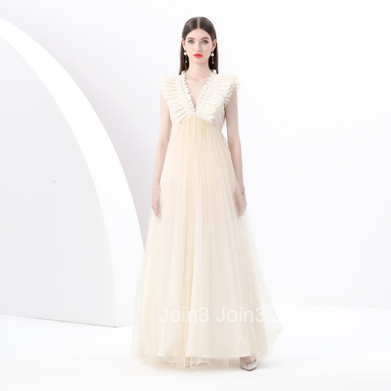 6017 Vacation - Embroidered Lace Trim V-neck Long Sleeve Lace Mesh Long Dress