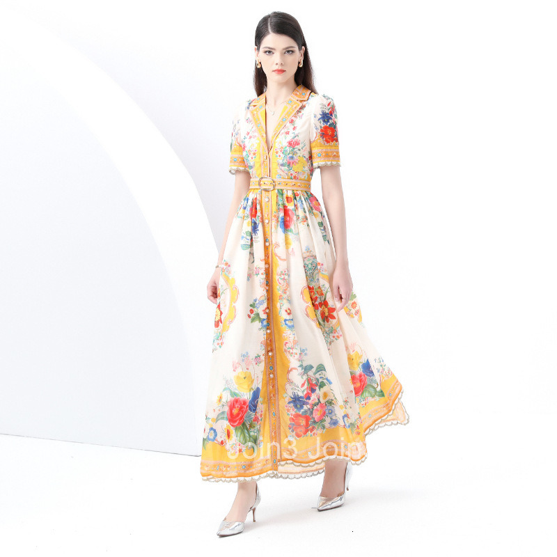 6055 Early Spring New Womens Vacation Style Blazer Collar Single-Breasted Printed Flared Long Dress