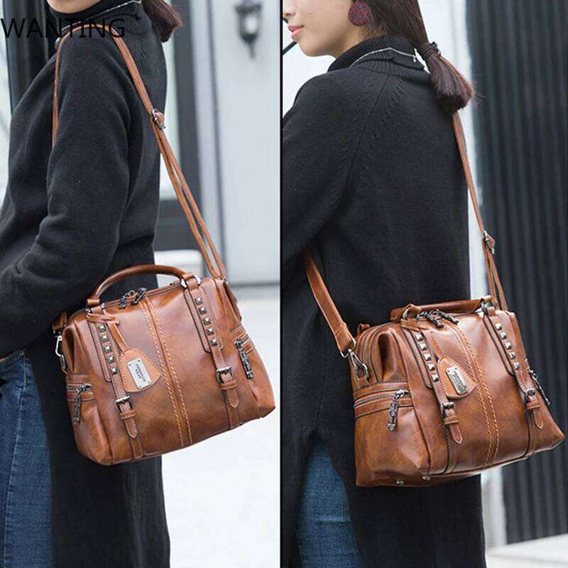 Luxury retro designer PU leather large capacity one-shoulder classic rivet decoration ladies handbag