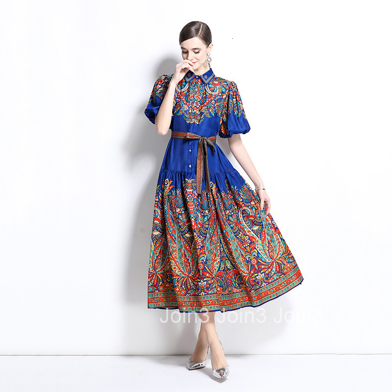 2025 Spring/Summer New Cotton Hemp Collar Lantern Sleeve Printed Dress Long Skirt