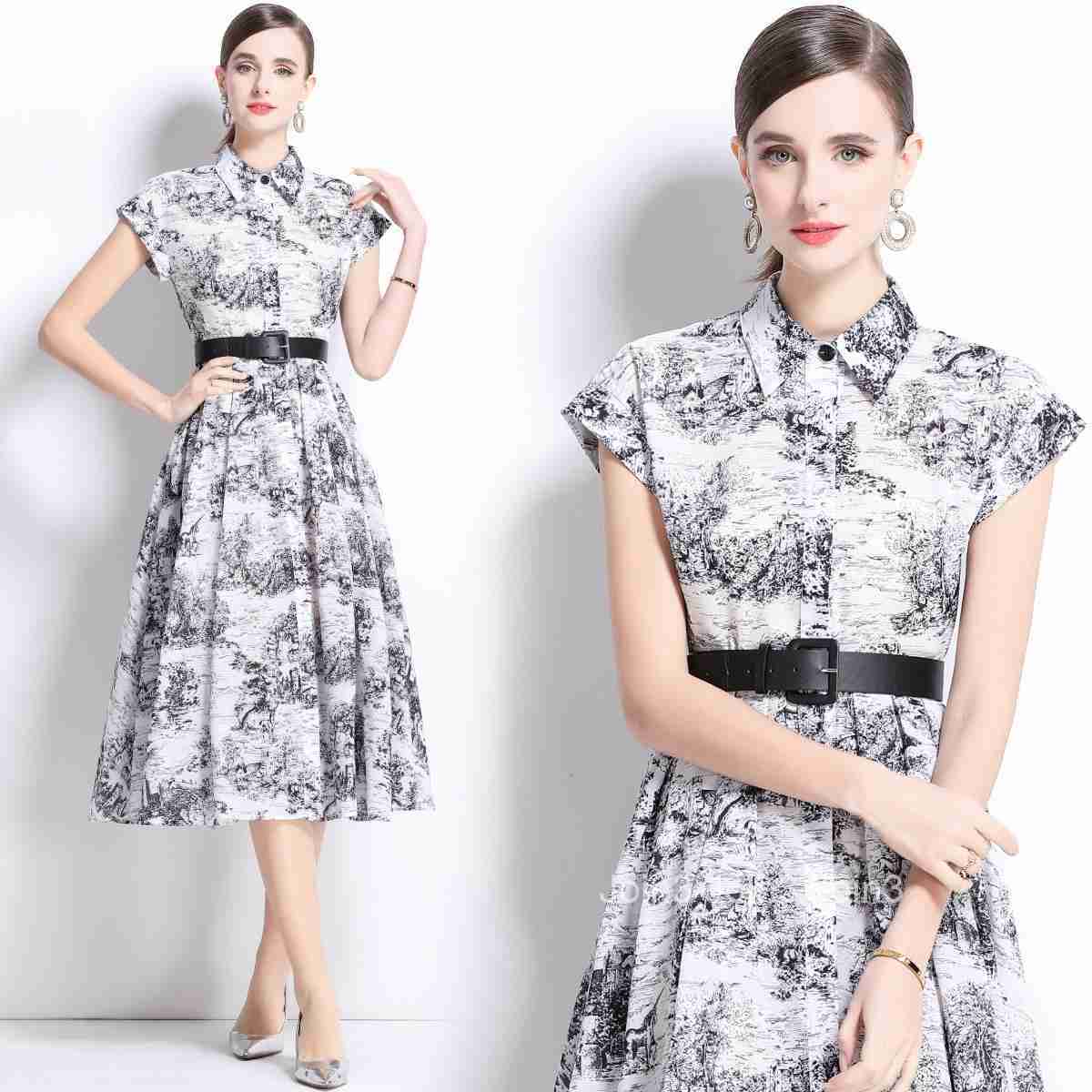 1686 Spring/Summer New Womens Style Printed Collar Short sleeved Medium length Dress (with Belt)