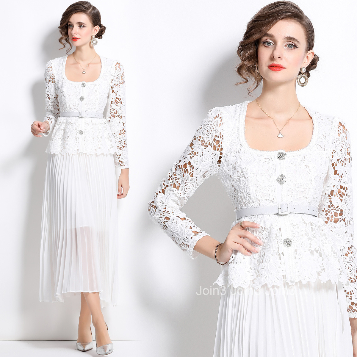1673 autumn new womens clothing temperament white square collar lace patchwork dress slim fit waist cinching pleated skirt