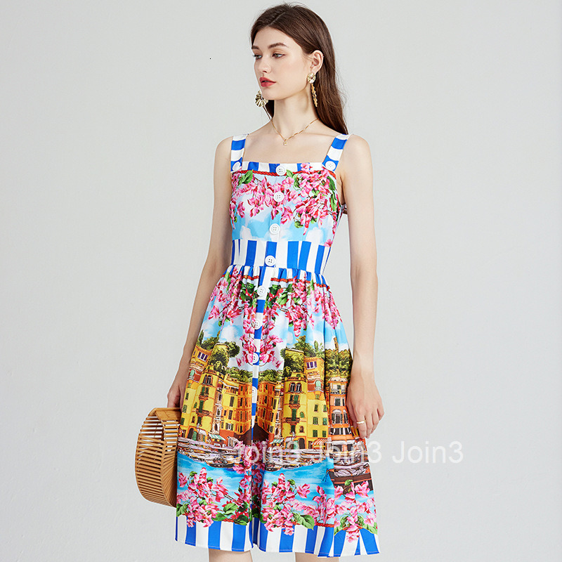582 summer new womens temperament printed suspender dress slim fit high waist mid length A-line skirt