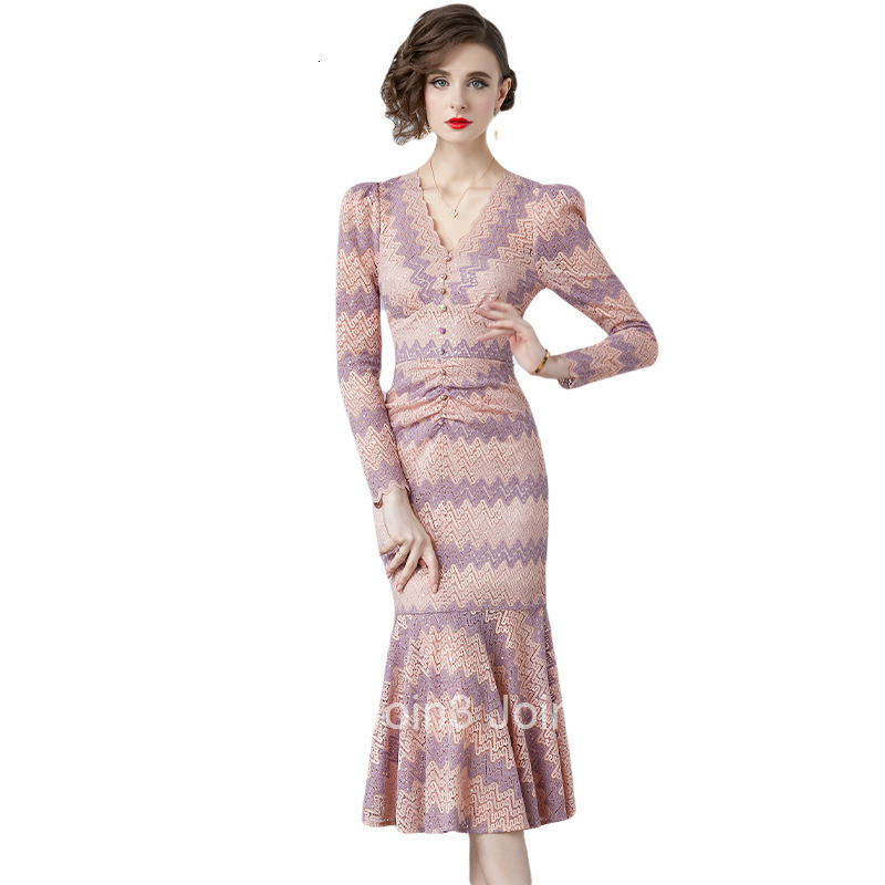 7037 Spring new womens dress long sleeved light mature temperament pleated slim fit V-neck fishtail skirt