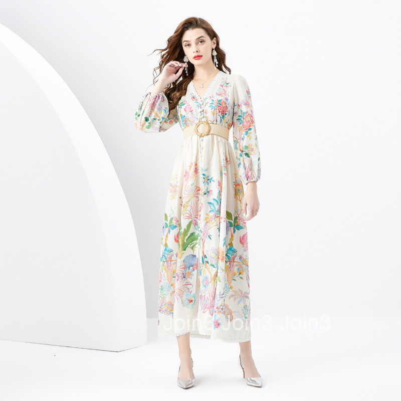6272 Spring Summer New Womens Vacation Style V-Neck Lantern Sleeve Printed Flared Long Dress