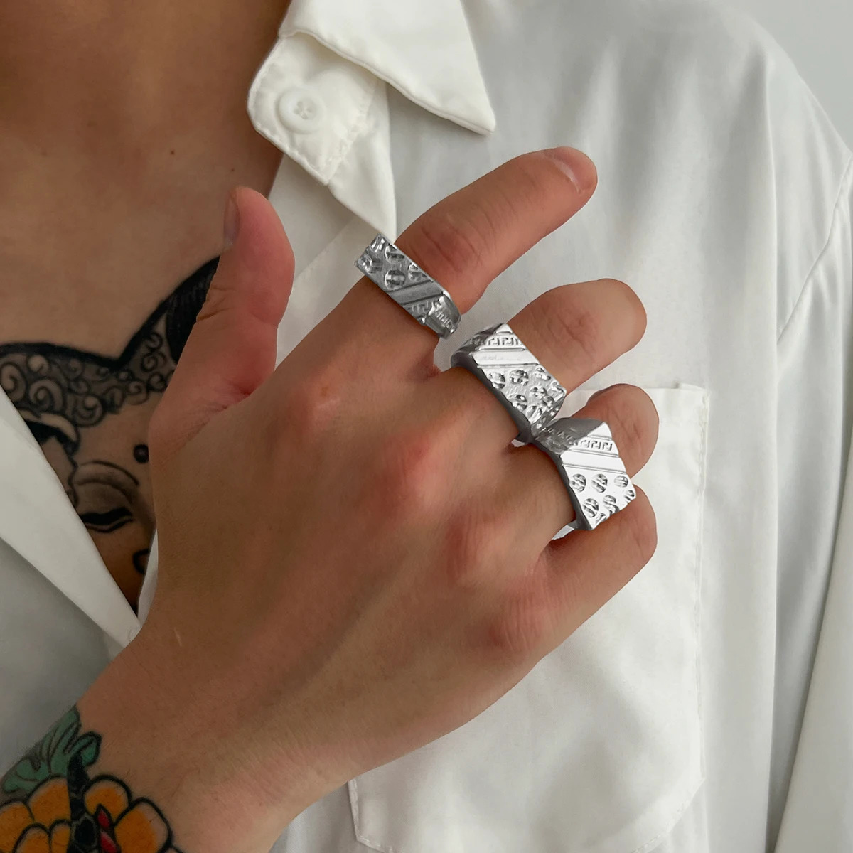 3Pcs/Set Trendy Vintage Gold Color Chunky Ring For Men Hip Hop Thick Rings Charm Finger Accessories Grunge Jewelry 250717