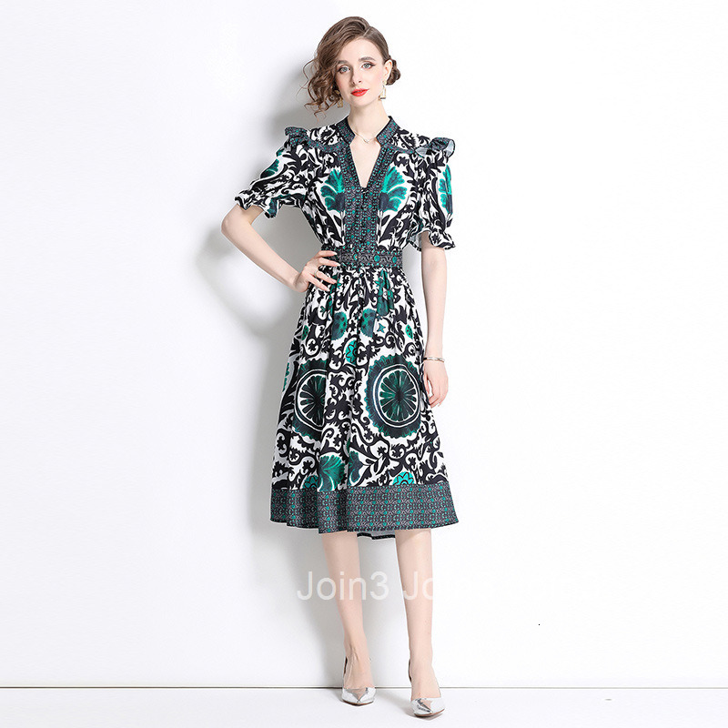 8751 Fashion Elegance Style Stand Collar Single-Breasted Printed Dress