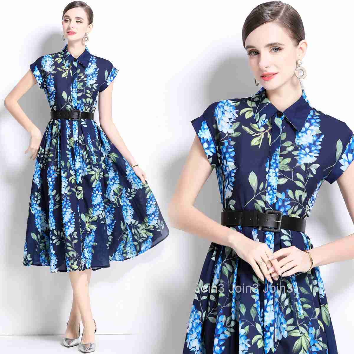 1686 Spring/Summer New Womens Style Printed Collar Short sleeved Medium length Dress (with Belt)