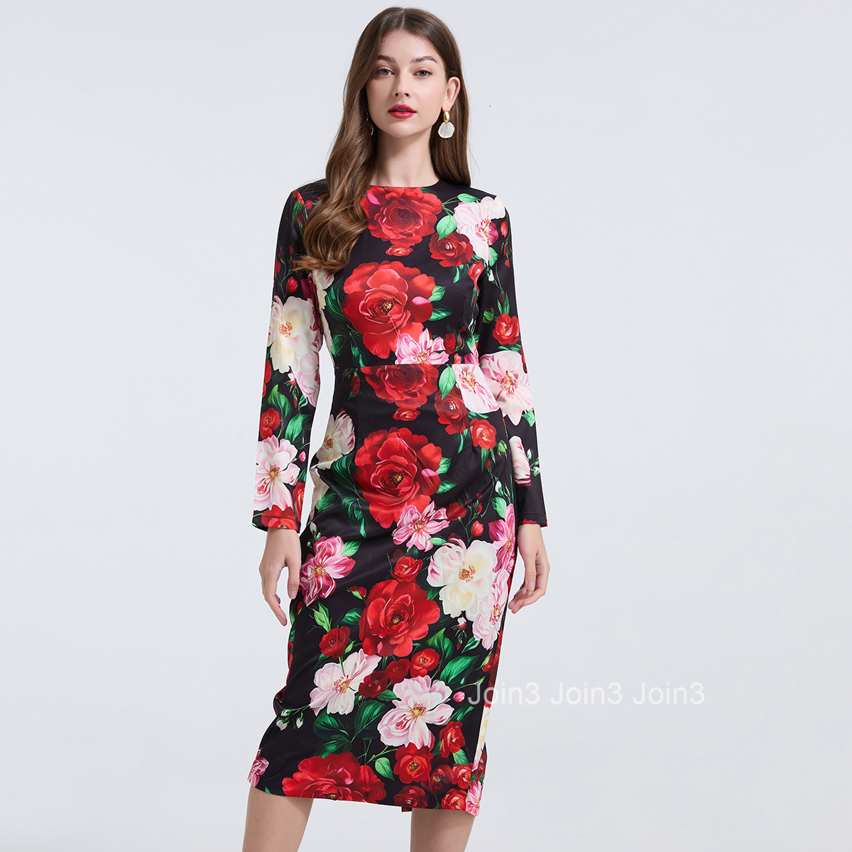 789 Elegant Rose Large Flower Slim Fit Bodycon Dress High Waist Round Neck Long Sleeve Dress