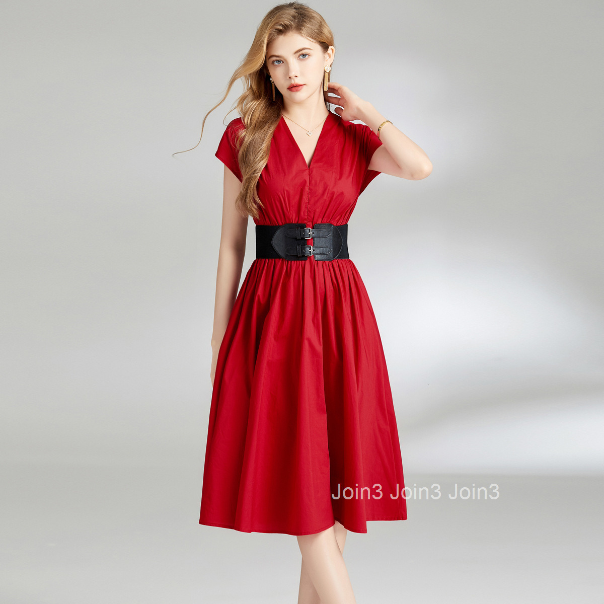 6834 summer new womens fashionable dress with V-neck waist and slim fit mid length skirt (with belt)