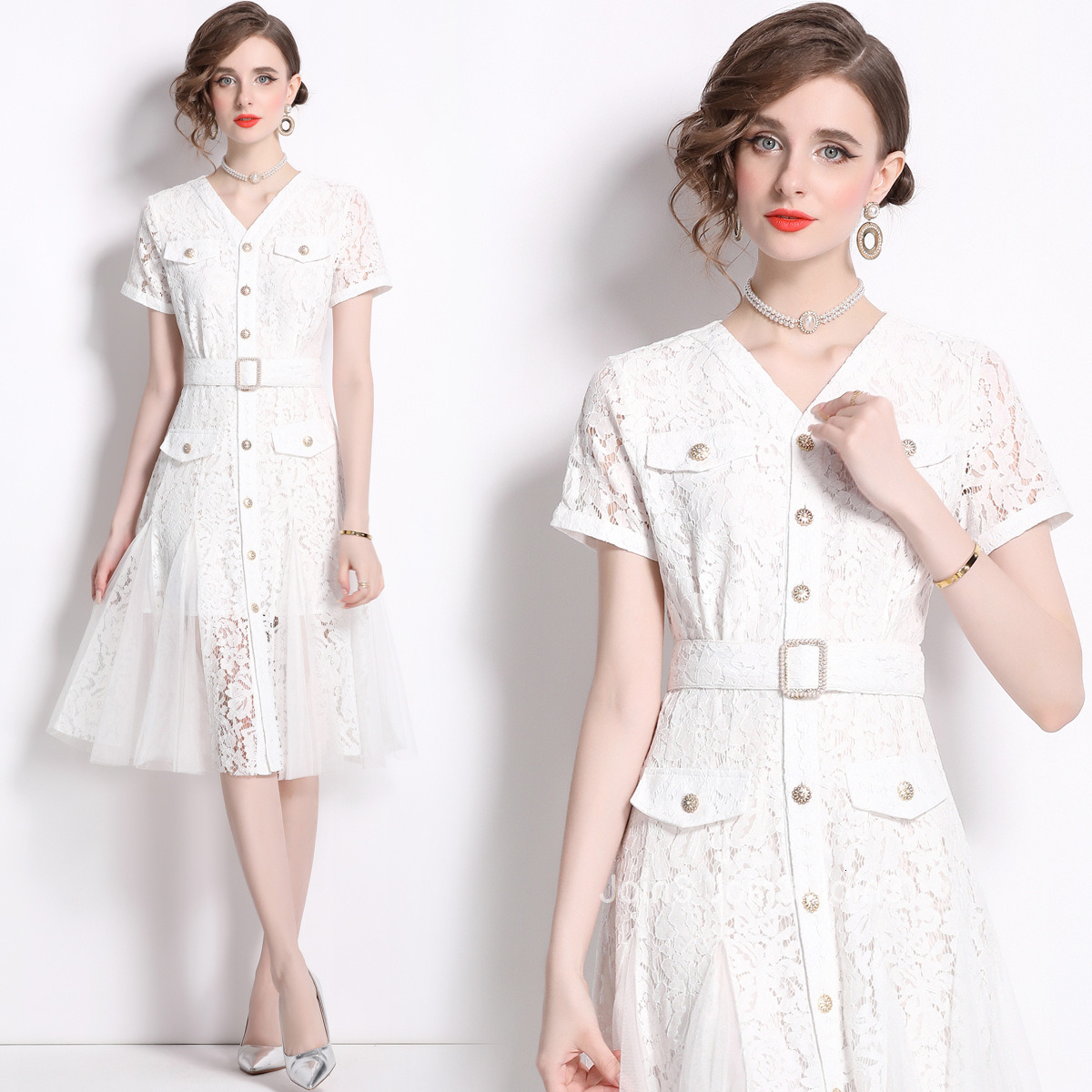 6867 Summer New Womens Fashion Large Hem Dress Lace Patchwork Mesh Waist Cinching Single-Breasted V-Neck Dress