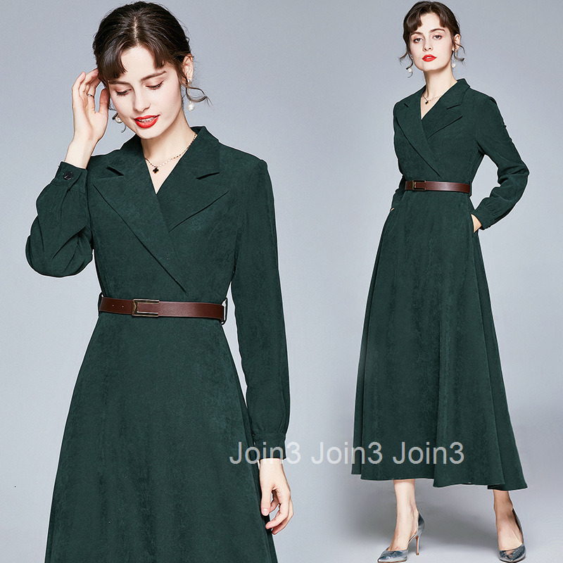 8645 autumn new womens fashion temperament high waisted suit collar long sleeved slim fit long dress