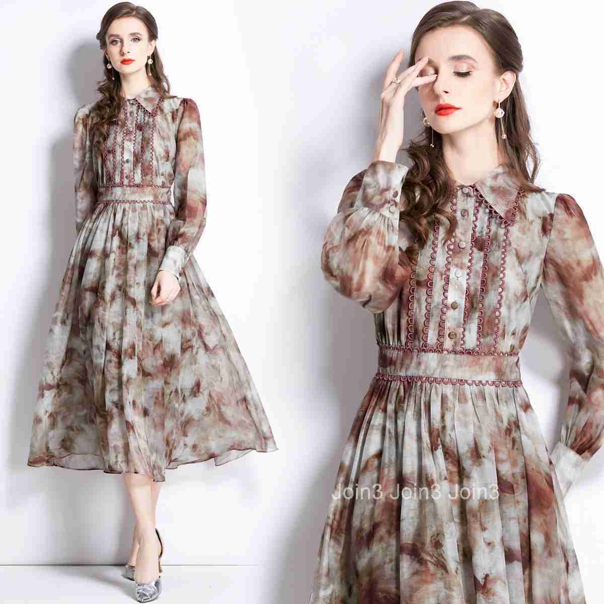 1998 Early Spring New Womens Vacation Style Printed Turn-Down Collar Long Sleeve Elegant Flared Long Dress