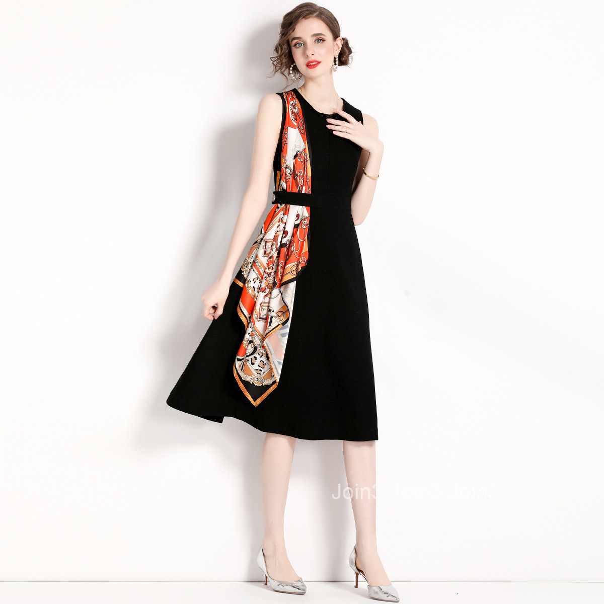 1949 Summer New Womens Printed Patchwork High Waist Slim Sleeveless Dress A-line Midi Dress
