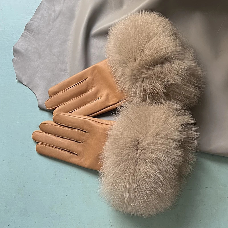 Womens Fox Fur Gloves Light Camel Ladies Genuine Leather Gloves Thin Lining Windproof Sheepskin Gloves Velvet Keep Warm 250717