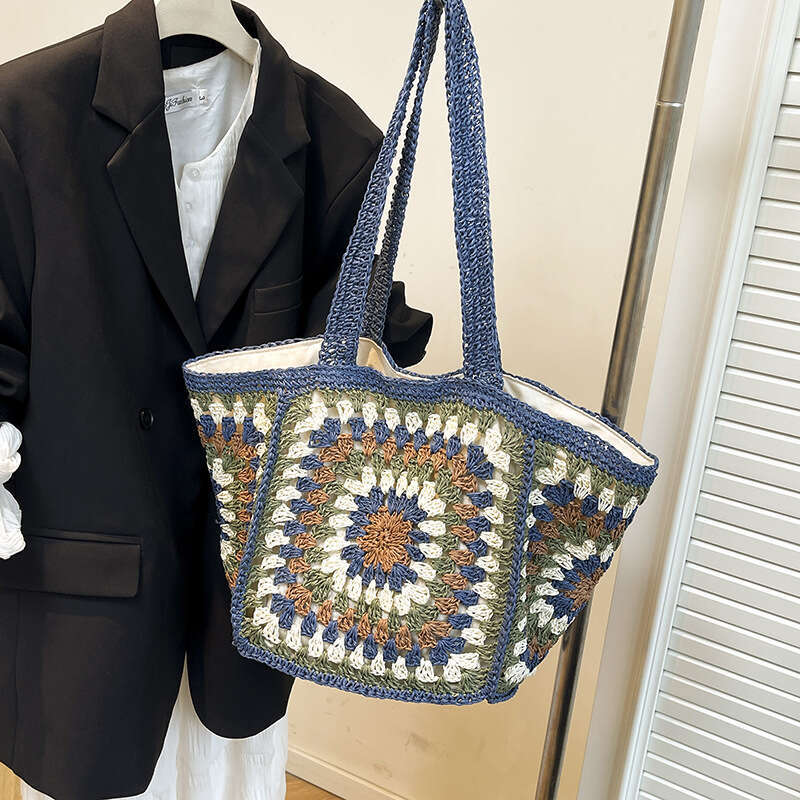 New Granny Check Straw Woven Ethnic Style Large Capacity Women's High-end Crochet Single Shoulder Bag