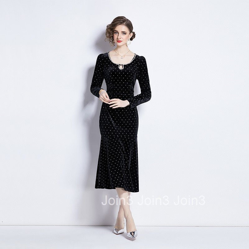 5588 Spring and Autumn New Womens Little Black Dress Elegant Slim Fit Long Sleeve Mermaid Velvet Long Dress