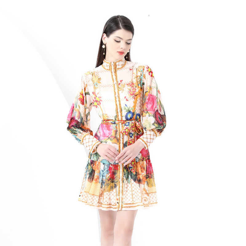 6076 Early Spring Deep Stand Collar Lantern Sleeve Wave Hem Wide Hem Painted Print Long Dress Two-Piece Set