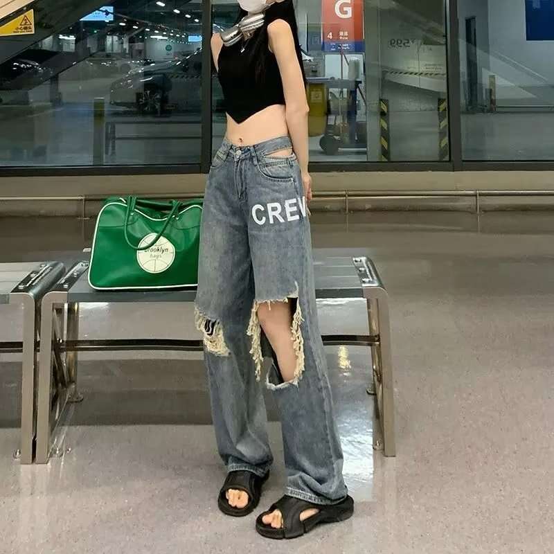 Ripped Jeans for Women, Thin Style, Ins Trend, Summer 2024 New Design, Unique High-Waisted Wide-Leg Floor-Length Pants