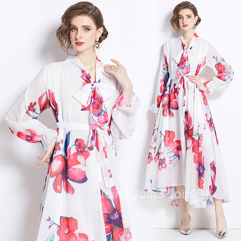 9357 Spring and Autumn New Womens Fashion Elegant Chiffon Printed Long Sleeve Slim Fit Flared Long Dress
