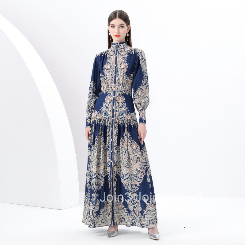 6165 Early Spring Breeze Stand Collar Lantern Sleeve Wave Edge Long Printed Dress