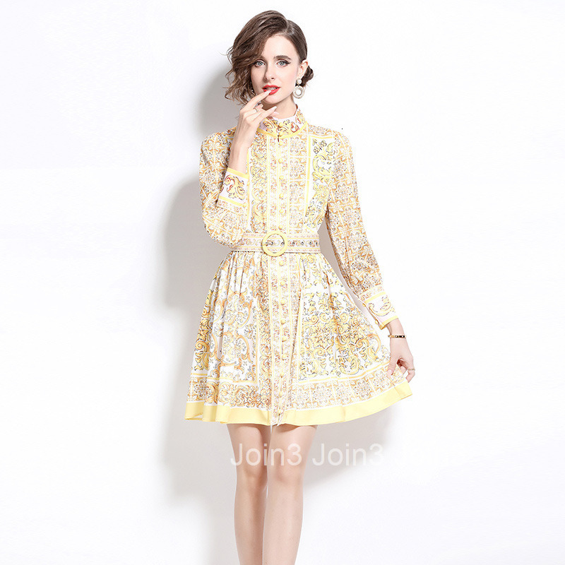 6080 Autumn New Womens Clothing Style Fashion Stand up Collar Yellow Flower Porcelain Printed Dress with Belt