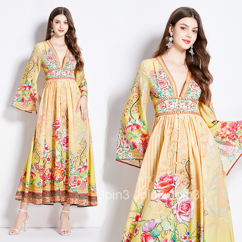 2537 Spring and Autumn New Womens Vacation Style Printed Elegant V-neck Long Sleeve Waist-cinching Flared Dress