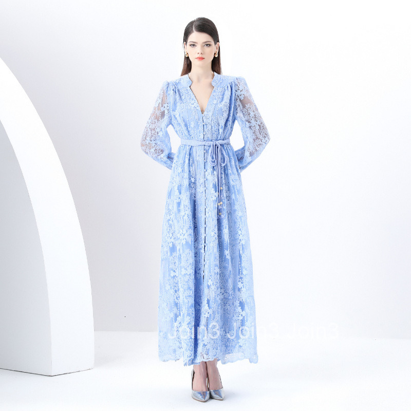 6280 Early Spring New Womens Elegance Style V-neck Lantern Sleeve Embroidered Large Hem Long Dress