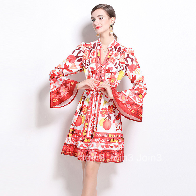 9891 Autumn New Womens Fashion V-neck Trumpet Sleeve Long Sleeve Printed Dress