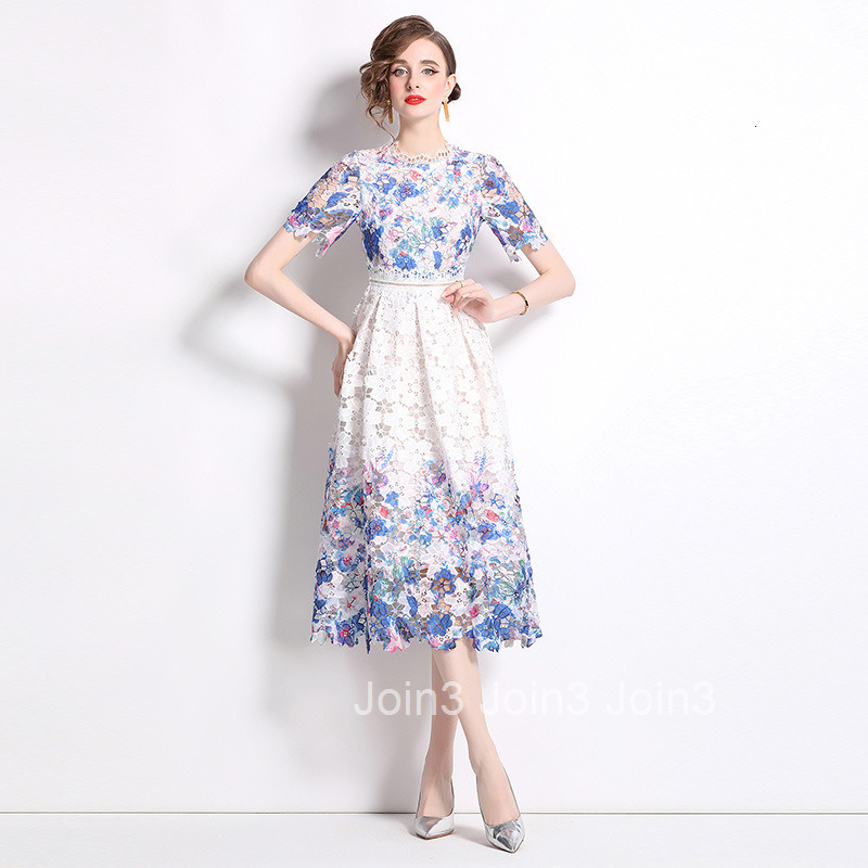 541 Summer New Womens Dress with Fashionable and Skinny Look Hollow out Water soluble Lace Printed Medium to Long Length Dress