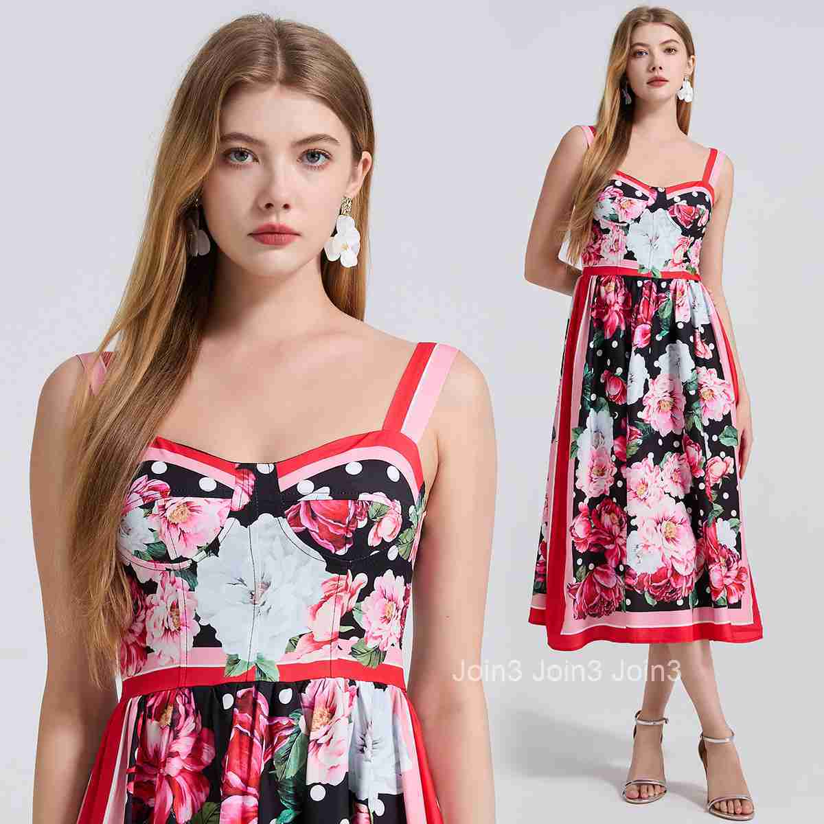 810 Flower Dot Positioning Print Three-Dimensional Strapless Camisole Dress Back Elastic High Waist Dress