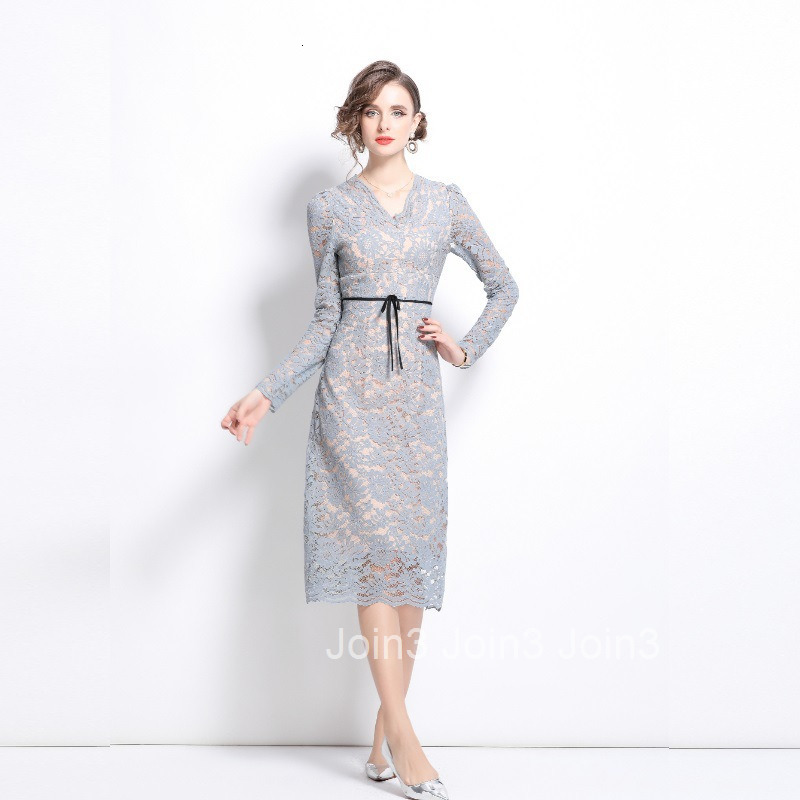 8052 Spring and Autumn New Womens Clothing Style V-neck Long Sleeve Blue Lace Slimming Medium Long Dress