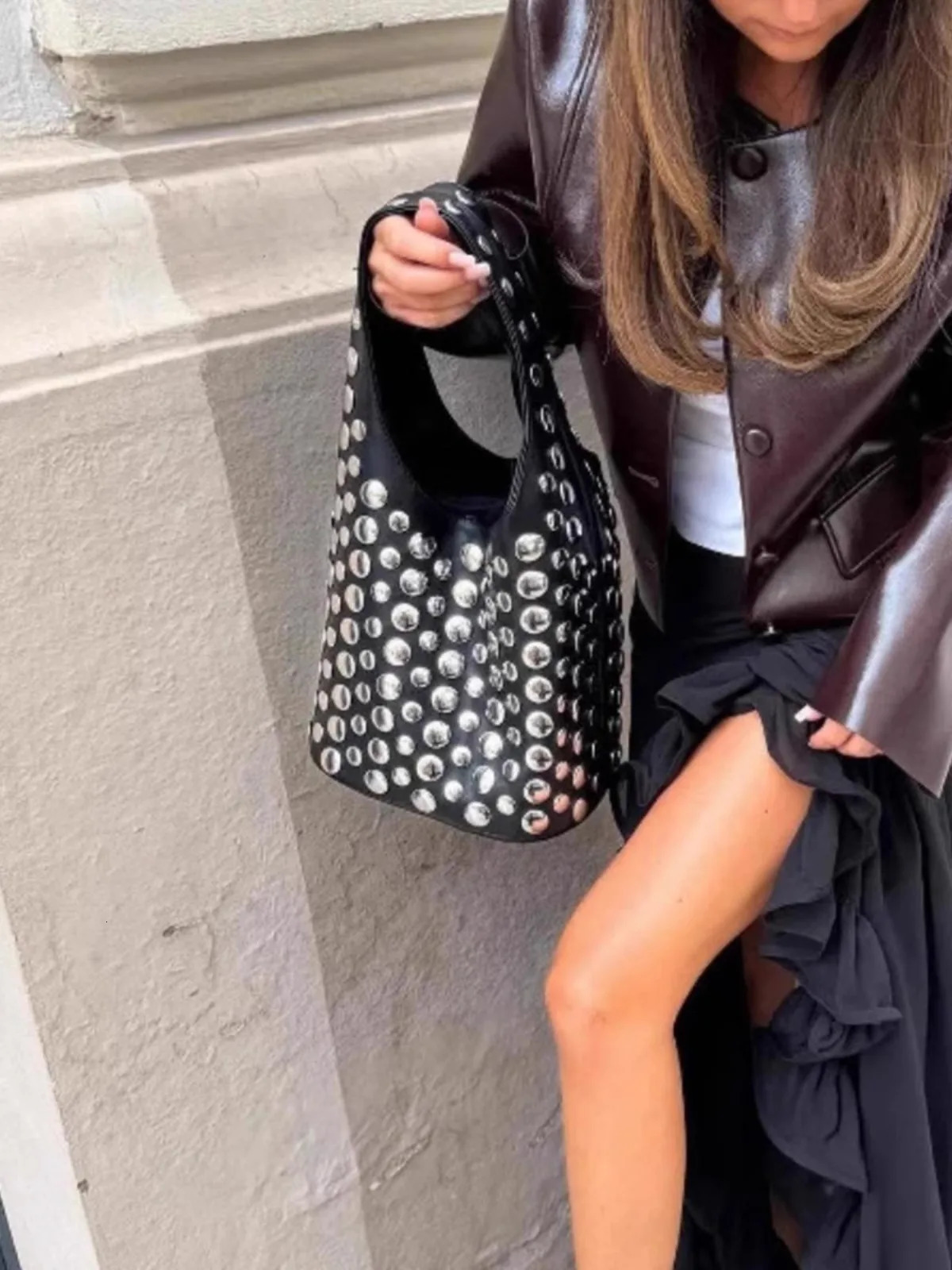 Fashion Rivet Buckets Bag er Women Handbags Pu Leather Shoulder Bags Retro Y2K Underarm Bag 250717