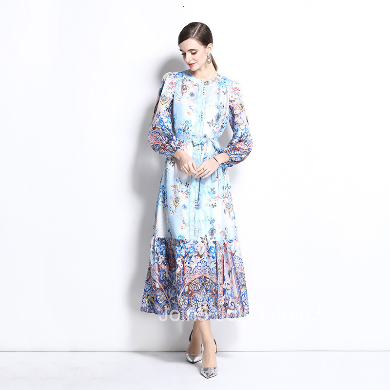 1238 Spring/Summer New Silk and Hemp Stand Collar Lantern Sleeve Printed Dress Long Dress