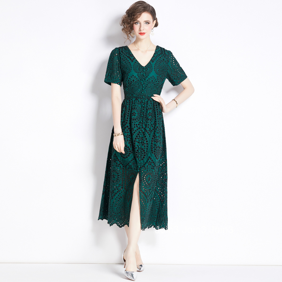 5832 Summer New Womens Fashion Elegant Lace Embroidery Fashionable Slimming Slit Long Dress