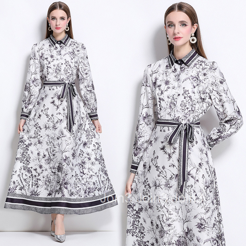 3932 Fashion Versatile Waist-Cinching Slimming Positioning Printed Dress with Belt