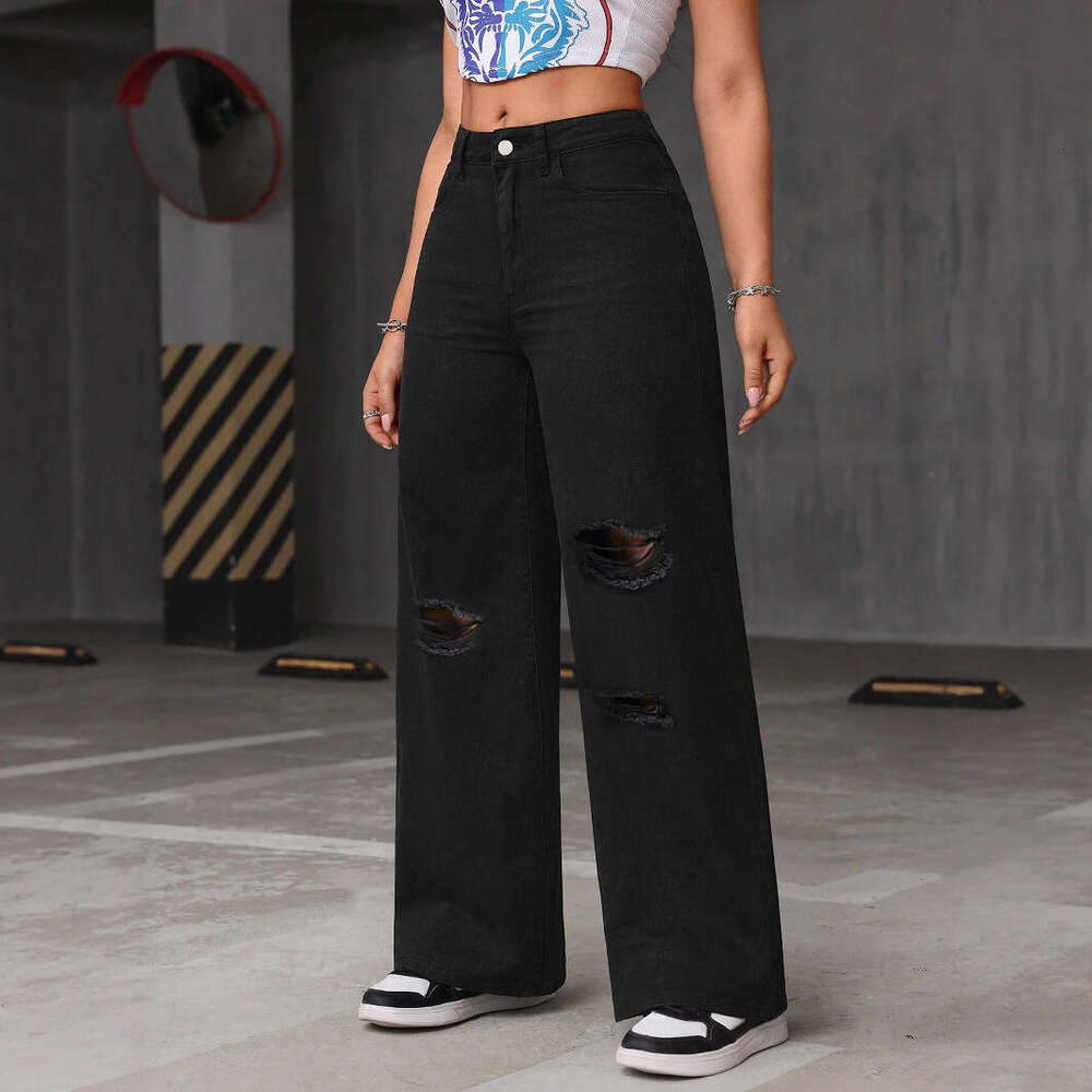 Commuting Style Wide-Leg Ripped Washed High-Waist Straight-Leg Jeans for Women