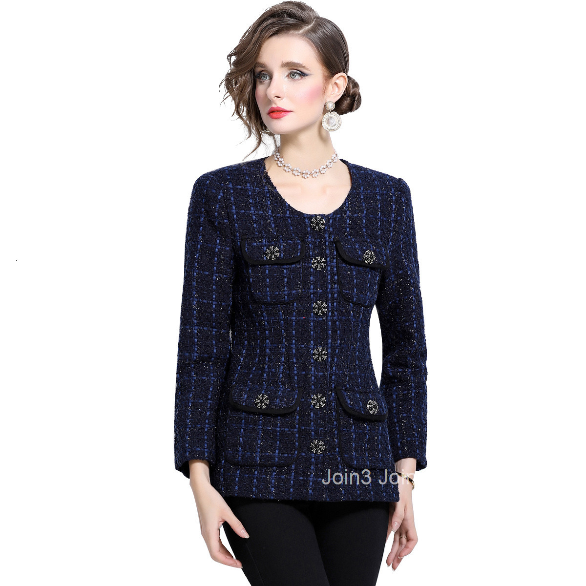 6997 autumn and winter new womens coarse woolen temperament long sleeved round neck open top single breasted jacket