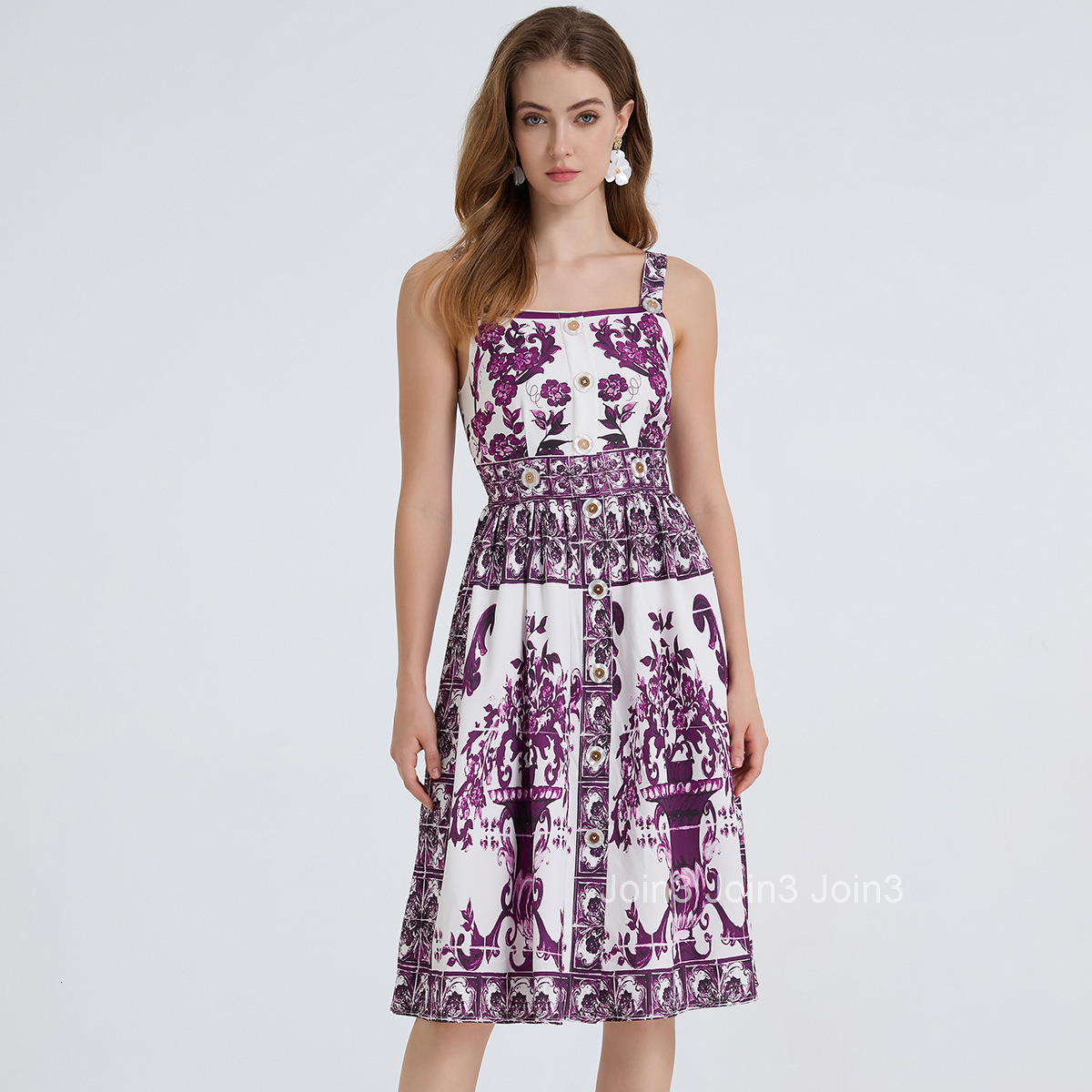847 Summer New Womens Printed Strap Dress High Waist Slim Button A-line Dress
