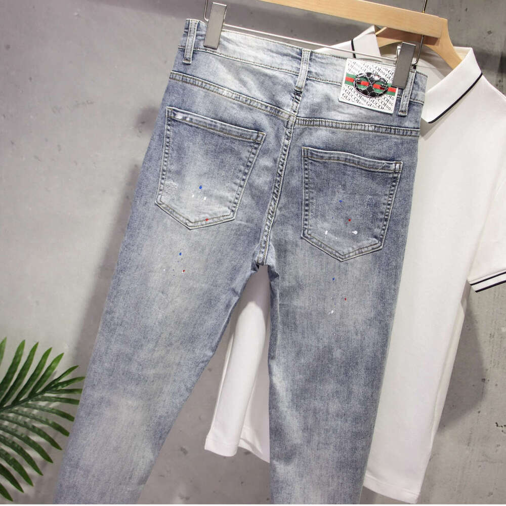 Ripped Jeans for Men Spring 2025 Light Color Slim Fit Stretch Cropped Pants Youth Trendy Ins Paint Splatter 9/10 Length Skinny