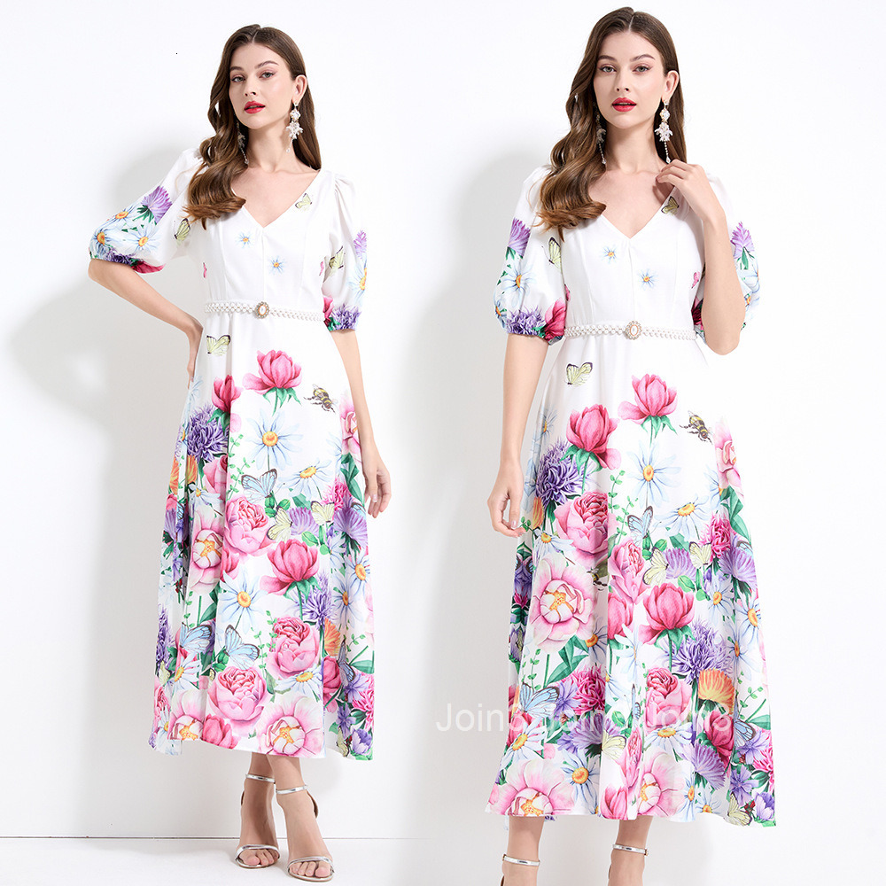 2173 Collar Bubble Sleeve Sub Fried Dough Twists Fairy Print seaside resort style waist ruffle skirt