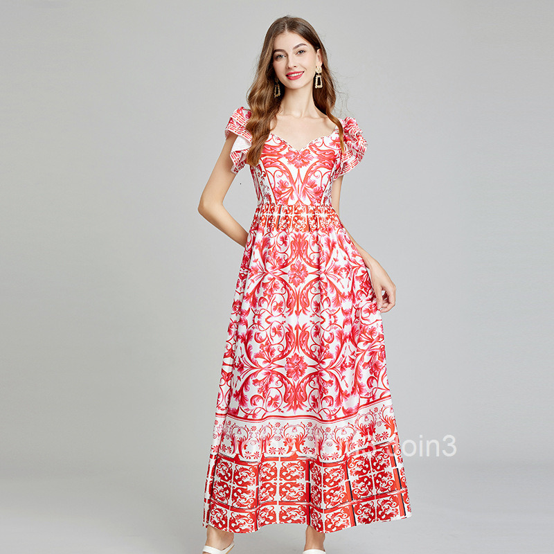 Summer New Arrival Positioning Printed V-Neck High Waist Flared Dress Slim A-Line Dress