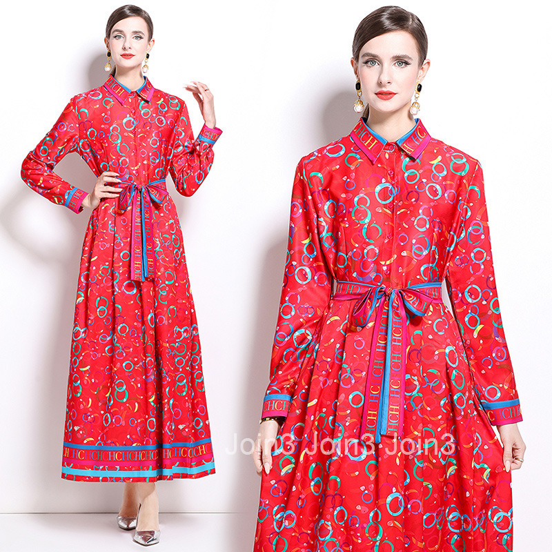 9892 autumn new womens clothing fashionable temperament waist cinching and slimming printed long sleeved long skirt dress
