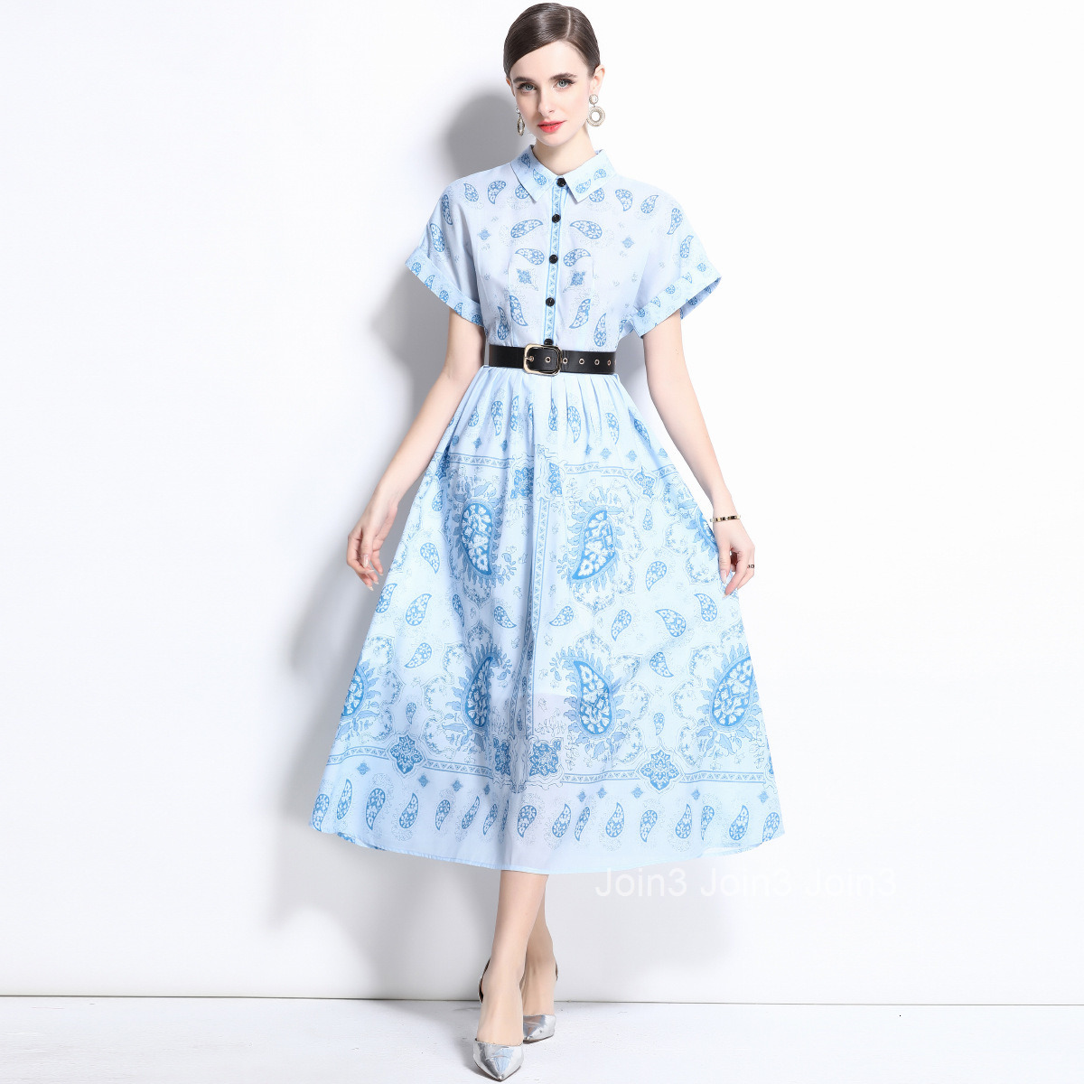 1685 Spring/Summer New Womens Style Printed Collar Short sleeved Long Skirt Dress (with Belt)