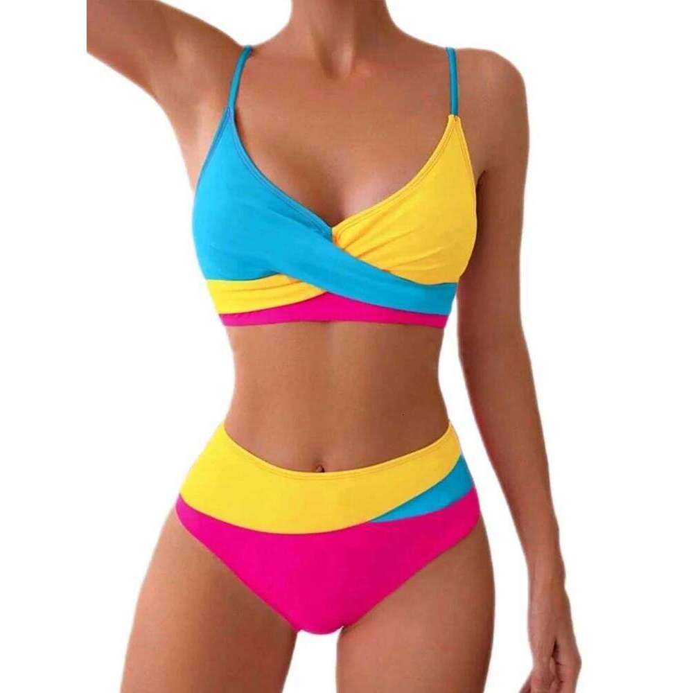Circyy Women Contrast Color Split Swimsuit Halter Cross Biquinis High Waisted Two-pieces Bathing Suit Summer 2025 New